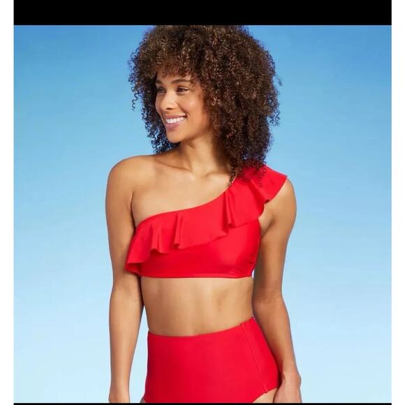 Kona Sol One Shoulder Flounce Bikini Top Removable Pads Red Womens Medium NWT - Picture 1 of 5